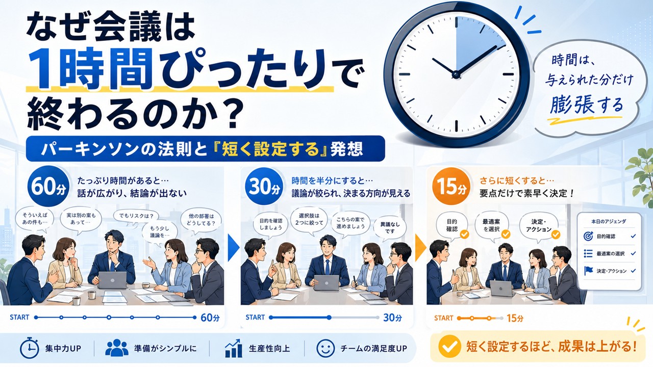その会議、なぜか毎回ピッタリ1時間で終わりませんか?〜パーキンソンの法則と「短く設定する」という発想〜