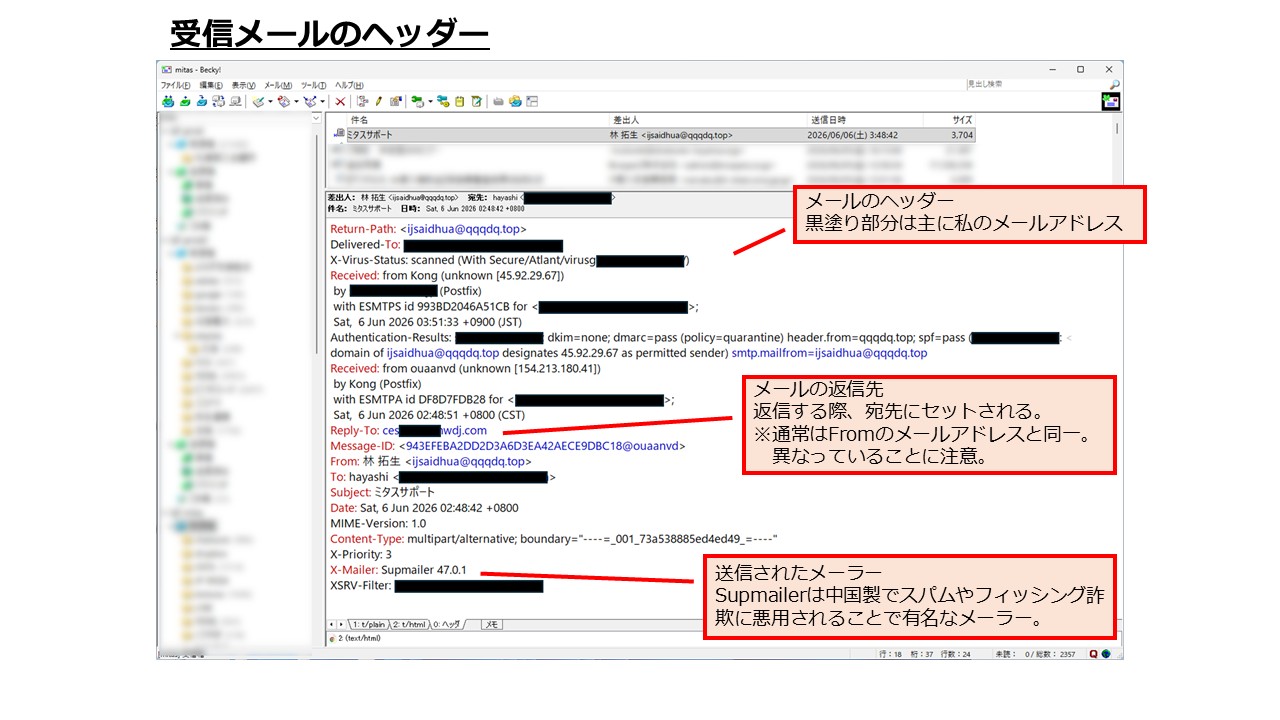 メールヘッダーでReply-Toのドメインの相違を確認する例