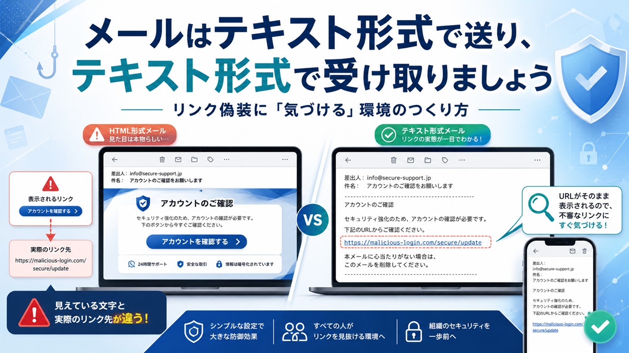 メールはテキスト形式で送り、テキスト形式で受け取りましょう|リンク偽装に「気づける」環境のつくり方